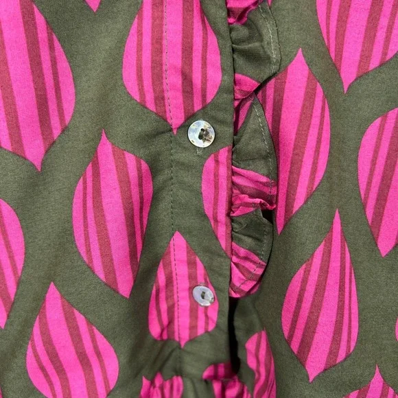 J. Marie Dress Womens Small Pink Olive Green Leaf Print Ruffle Mini Belted EUC - Picture 3 of 9